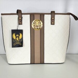 CALISTA Cream & Tan Tote Bag | Gold Medallion Logo | NWT | Zip Top